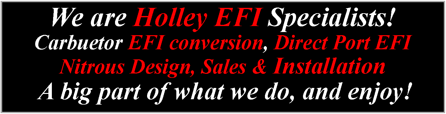 Text Box: We are Holley EFI Specialists! Carbuetor EFI conversion, Direct Port EFI Nitrous Design, Sales & Installation  A big part of what we do, and enjoy!